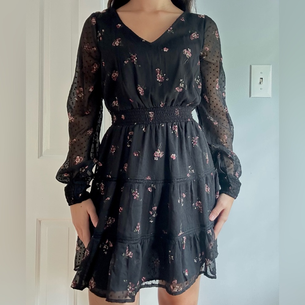 Hollister Floral Long Sleeve Dress Black